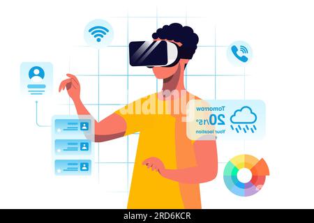 Mann trägt eine AR-Smart-Brille für die Arbeit in einer Display-Anwendung. Abbildung des Stils der virtuellen Simulation für flaches Zeichen. Stockfoto