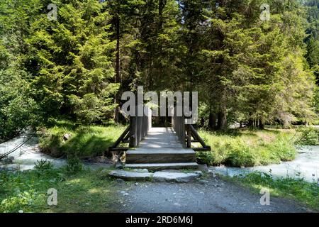 Hölzerne Brücke, die den Fluss im nambrone-Tal von trentino kreuzt Stockfoto