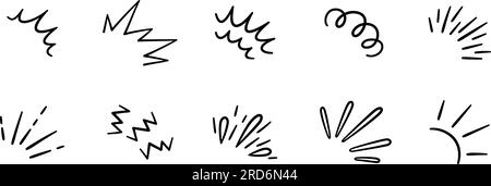 Doodle radiale Linienstrahlen. Handgezeichnete runde Ecken glänzen. Sonnenschein-Glitzerelement. Symbol für „Sun Burst Doodle“. Explosionsrahmen. Idee und Ausrufezeichen Stock Vektor