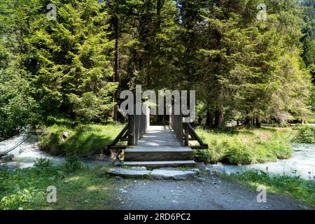 Hölzerne Brücke, die den Fluss im nambrone-Tal von trentino kreuzt Stockfoto