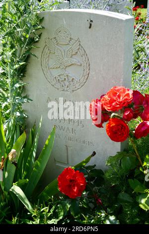 Grabmarkierung mit roten Blumen für einen Soldaten des Unbekannten Army Air Corps auf dem Bayeux Kriegsfriedhof. Bayeux, Frankreich Stockfoto