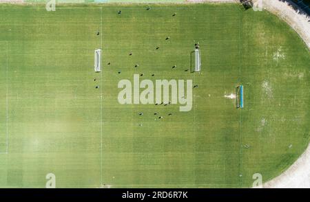 Zenithale Luftaufnahme eines Fußballplatzes während eines Trainings. Stockfoto