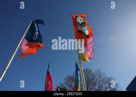 Sydney, Australien. 19. Juli 2023 Flaggen, die für die FIFA Women's World Cup 2023 werben, die am 20. Juli beginnt und gemeinsam von Australien und Neuseeland ausgerichtet wird. Kredit: Isabel Infantes/Empics/Alamy Live News Stockfoto