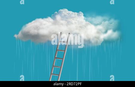 Collage für zeitgenössische Kunst. Treppe zu flauschigen Wolken. Die Fantasie der Jugend. Konzept von Surrealismus, Kreativität, Inspiration, Vorstellungskraft Stockfoto