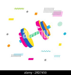 Kurzhantel mit elementen im memphis-Stil. Farbenfrohe Vektordarstellung für Sport im Fitnessstudio oder Bodybuilder Stock Vektor