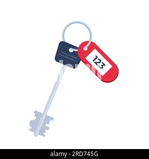 Moderner Türschlüssel mit Zimmernummernschild. Vektordarstellung in flacher Ausführung Stock Vektor