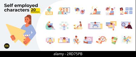 Freelancer mit Notebook Flat Concept Vector Spot Illustrations Bundle Stock Vektor