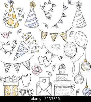 Ein Set von Happy Birthday und Weihnachtskritzeleien. Handgezeichnete Partydekoration, Geschenkbox, Weihnachtsball, Geschenke, Ballons und Girlande. Vektor Stock Vektor