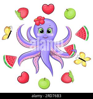 Süßer Cartoon-Oktopus mit Wassermelone in einem Obstrahmen. Sommertier-Vektorbild mit grünem Apfel, rotem Herz, Erdbeere, Wassermelone Stock Vektor