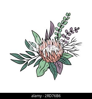 Farbenfrohe tropische protea-Blumen und Blattstrauß Stock Vektor