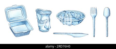 Ein Satz Aquarellabbildungen von Plastikmüll. Einweg-Plastik Tischgeschirr Löffel, Gabel, Messer, Teller, Glas, Feld. Müllwiederverwertungskonzept, disca Stockfoto