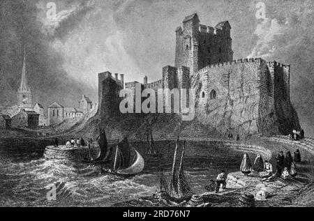 Eine frühe Illustration des Norman Carrickfergus Castle in der Grafschaft Antrim, an der Nordküste von Belfast Lough, Nordirland. Erbaut von John de Courcy im Jahr 1177 als Hauptquartier, mit 3/4 von der Burg umgeben von Wasser, wurde es seinerseits von Schotten, einheimischen Iren, Engländern und Franzosen belagert und ist weiterhin eines der am besten erhaltenen mittelalterlichen Bauwerke in Nordirland. Stockfoto