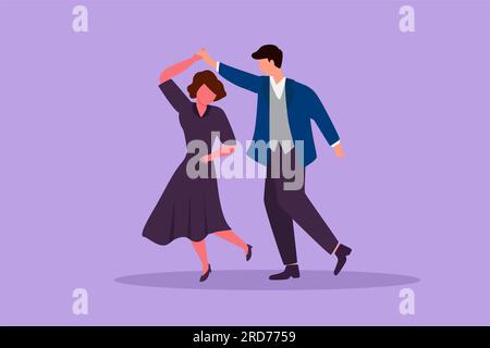 Cartoon-Figur im flachen Stil, attraktive Männer und Frauen, die in der Schule, im Studio, auf einer Party tanzen. Männliche und weibliche Figur, die Tango im Nachtclub tanzt. Stockfoto