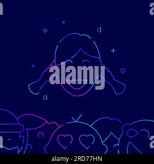Fröhliches lächelndes Mädchen mit Farblinien-Vektorsymbol an den Zöpfen, einfache Illustration auf dunkelblauem Hintergrund, mit Emoticons verbundener unterer Rand. Stock Vektor