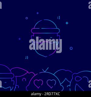 Krimineller Räuber im Maskenverlaufslinienvektorsymbol, einfache Illustration auf dunkelblauem Hintergrund, mit Emoticons verbundener unterer Rand. Stock Vektor