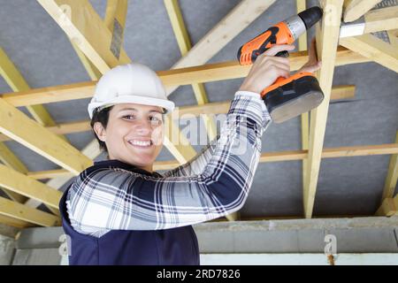 Zimmermannsfrau mit Bohrer an einer Holzstruktur Stockfoto