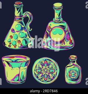 Absinthflaschen im psychedelischen Stil. Dekanter und Gläser in sauren Farben. vektor auf schwarzem Hintergrund Stock Vektor