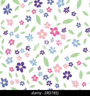 Nahtloses Wiesenmuster mit Blumen in Pink, Lavendel, Blau, Lila und Kamillenblüten und Blättern. Kindisch, weiblich, sanft Stock Vektor