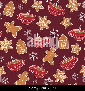 Weihnachten und Neujahr. Rote Becher mit Schneeflocken, Keksen und Lebkeksen. Nahtloses Vektormuster auf rotem Hintergrund. Stock Vektor