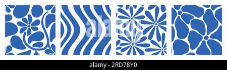 Matisse Naive Blue Pattern-Set. Abstrakte „Groovy Flowers“-Kunst im Hippie-1970-Stil. Blaue Darstellung des gewellten Vektors mit Blumenmuster. Hintergrund für T-Shirts, Hintergrundbilder, Case Phone. Stock Vektor