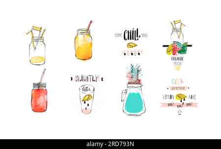Handgezeichnete Vektoren abstrakte Cartoon-Limonade und Smoothie-Früchte Zeichnungsetiketten-Set. Lemonade-Glas-Vektor-Illustration Designkonzept Stock Vektor