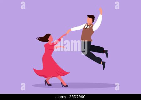 Flacher Cartoon mit attraktiven Mann und Frau, die zusammen Lindy Hop oder Swing tanzen. Männliche und weibliche Figur, die in der Schule oder auf einer Party Tanz tanzt Stockfoto