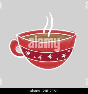 Heißer Kaffee in roter Tasse. Weihnachtskarte auf grauem Hintergrund. Handgezeichnet mit Filzspitze Stock Vektor