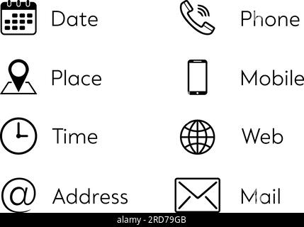 Geschäftssymbole in Form von Datum, Ort, Uhrzeit, Adresse, Telefon, Mobil, Web und Mail Stock Vektor