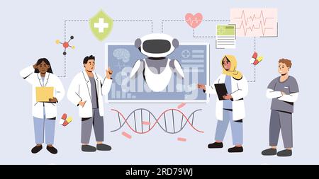 KI in der Medizin. Künstliche Intelligenz hilft bei der medizinischen Diagnose und Behandlung von Patienten. Futuristische Technik in der Medizin. Flachärzte, die innovative Technologien für Forschung und Krankheitsanalyse einsetzen. Stock Vektor