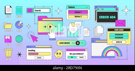 Vaporwave pc-Desktop mit Benutzeroberflächenelementen im trendigen retro-Stil der Y2K Jahre. Symbolgruppe von Computerfenstern, Dialogfeld. 90s alter Browser mit Registerkarten, Meldungsfeldern, Ladebalken, Schaltflächen und Symbolen. Stock Vektor