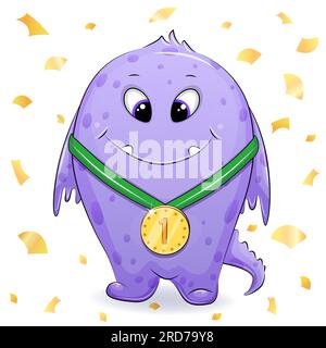 Süßes lila Cartoon-Monster mit Goldmedaille. Vektordarstellung eines Gewinners auf weißem Hintergrund mit goldenem Konfetti. Stock Vektor