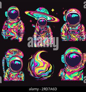 Ein Satz psychedelischer Astronauten in sauren Farben. Astronauten in halluzinogenen Helmen auf dunklem Hintergrund. Fantastische Weltraumfantasie. Stock Vektor