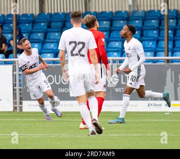 Cove Rangers FC, Balmoral Stadium, Cove, Aberdeen, Großbritannien. 18. Juli 2023. Das ist aus dem Viaply Cup Spiel zwischen Cove Rangers FC und Clyde FC. BILDINHALT - COVE - RUMARN BURRELL Credit: JASPERIMAGE/Alamy Live News Stockfoto