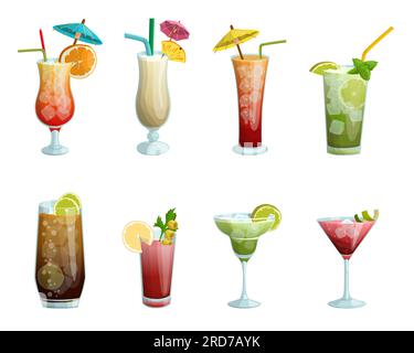 Ein paar tropische Cocktails. Cuba Libre, Mojito, Bloody Mary usw. Vektordarstellung auf weißem Hintergrund Stock Vektor