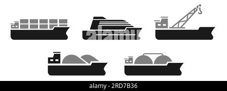 Container Kreuzfahrtschiff Kran Kohle Gas Transport Schifffahrt Industrie Icon Set Sammlung flach einfach Stock Vektor