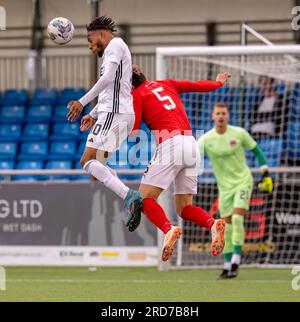Cove Rangers FC, Balmoral Stadium, Cove, Aberdeen, Großbritannien. 18. Juli 2023. Das ist aus dem Viaply Cup Spiel zwischen Cove Rangers FC und Clyde FC. BILDINHALT - COVE - RUMARN BURRELL Credit: JASPERIMAGE/Alamy Live News Stockfoto