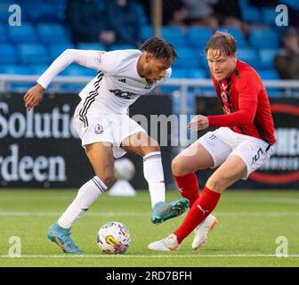 Cove Rangers FC, Balmoral Stadium, Cove, Aberdeen, Großbritannien. 18. Juli 2023. Das ist aus dem Viaply Cup Spiel zwischen Cove Rangers FC und Clyde FC. BILDINHALT - COVE - RUMARN BURRELL Credit: JASPERIMAGE/Alamy Live News Stockfoto