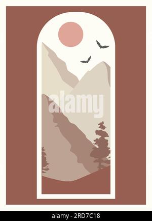 Morgengebirge und Kiefern sehen Kunstposter Stock Vektor