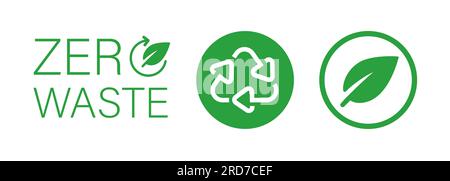 Das Design des Stickers „Zero Waste“ hinterlässt ein kreisförmiges Dreieck mit grünen Symbolen Stock Vektor