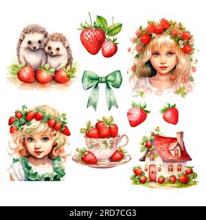 Einrichtung In Aquarellfarben Mit Erdbeergeschmack. Abgestuftes Tablett. Rote Beeren Sind Fertig. Planerelemente. Kücheneinrichtung im Bauernhausstil. Erdbeer-Clipart. Stockfoto