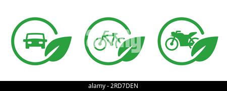 Auto Motorrad Motorrad Motorrad in grünen Blättern umkreist Symbol für umweltfreundliche Umwelt umweltfreundlicher Transport Stock Vektor