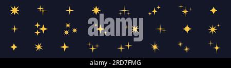 Magischer gelber Glanz. Glitzernde Linie, kritzelnde Symbole mit funkelnden Sternen. Isolierte Vektorabbildungen auf weißem Hintergrund. Stock Vektor