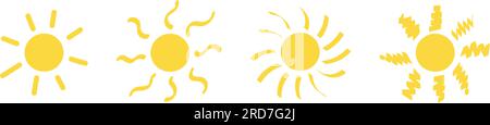 Verschiedene Sonnen im Set. Einfaches gelbes Sonnensymbol. Sommersonne in einem einfachen und fröhlichen Stil. Isolierte Vektorabbildungen auf weißem Hintergrund. Stock Vektor