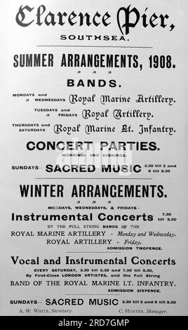 Anzeige für Clarence Pier mit planmäßigen Sommer- und Winterunterhaltung. Aus einer Sammlung gedruckter Anzeigen und Fotos von 1908, die sich auf die Southsea und Portsmouth Gegenden von Hampshire, England, beziehen. Einige der Originale waren kaum größer als die Snapshot-Größe und die Qualität war variabel. Stockfoto