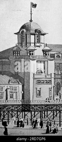 Ein Eckturm des Pavillons am South Parade Pier. Aus einer Sammlung gedruckter Anzeigen und Fotos von 1908, die sich auf die Southsea und Portsmouth Gegenden von Hampshire, England, beziehen. Einige der Originale waren kaum größer als die Snapshot-Größe und die Qualität war variabel. Stockfoto