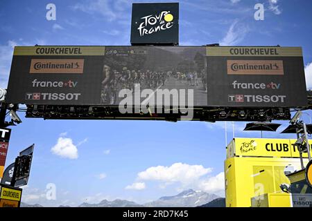 Courchevel, Frankreich. 19. Juli 2023. Die Abbildung zeigt die Ziellinie der Etappe 17 des Radrennens Tour de France vom Saint-Gervais Mont Blanc nach Courchevel (165, 7 km), Frankreich, Mittwoch, den 19. Juli 2023. Die diesjährige Tour de France findet vom 01. Bis 23. Juli 2023 statt. BELGA FOTO JASPER JACOBS Kredit: Belga News Agency/Alamy Live News Stockfoto