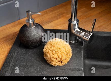 Verwendung von natürlichem Meeresschwamm zum Geschirrspülen in der Hausküche Konzept. Bio geernteter Meeresschwamm auf dem Spülbecken neben Spülmittel. Stockfoto