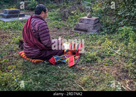 12 25 2014 buddhistischer Mönch, der in der tibetischen Mythologie im Mahabodhi-Komplex Bodh Gaya Bihar India.Asi Rituale macht Stockfoto