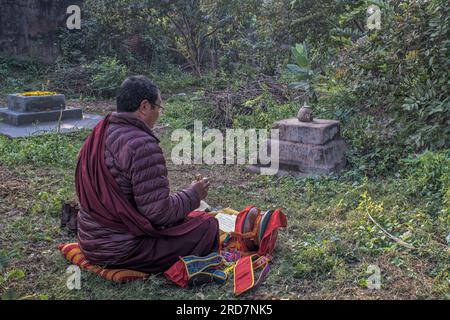 12 25 2014 buddhistischer Mönch, der in der tibetischen Mythologie im Mahabodhi-Komplex Bodh Gaya Bihar India.Asi Rituale macht Stockfoto