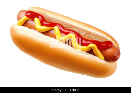 Hot Dog mit Ketchup und Senf isoliert auf weißem Hintergrund Stockfoto